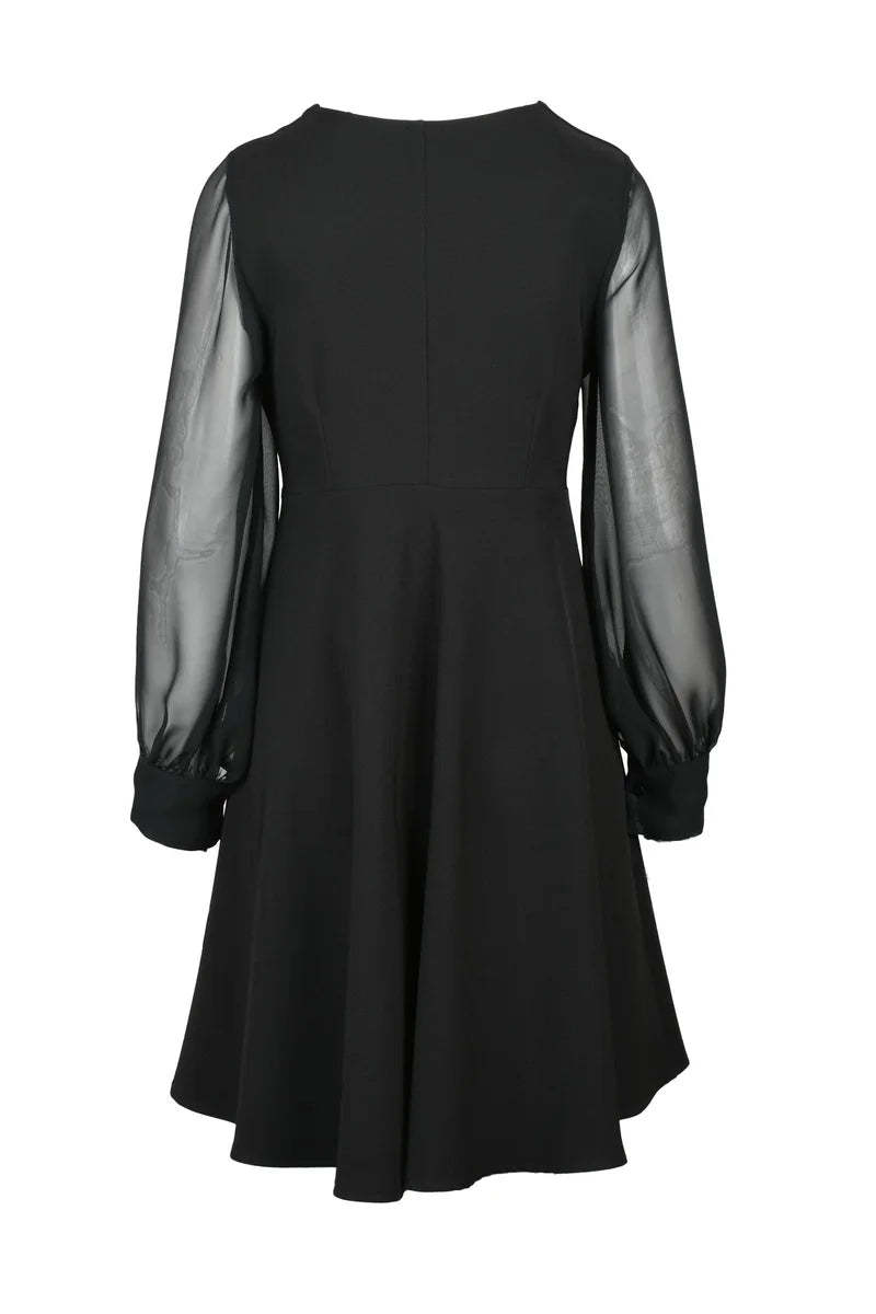 Flared Dress with Puff Sleeves - Black