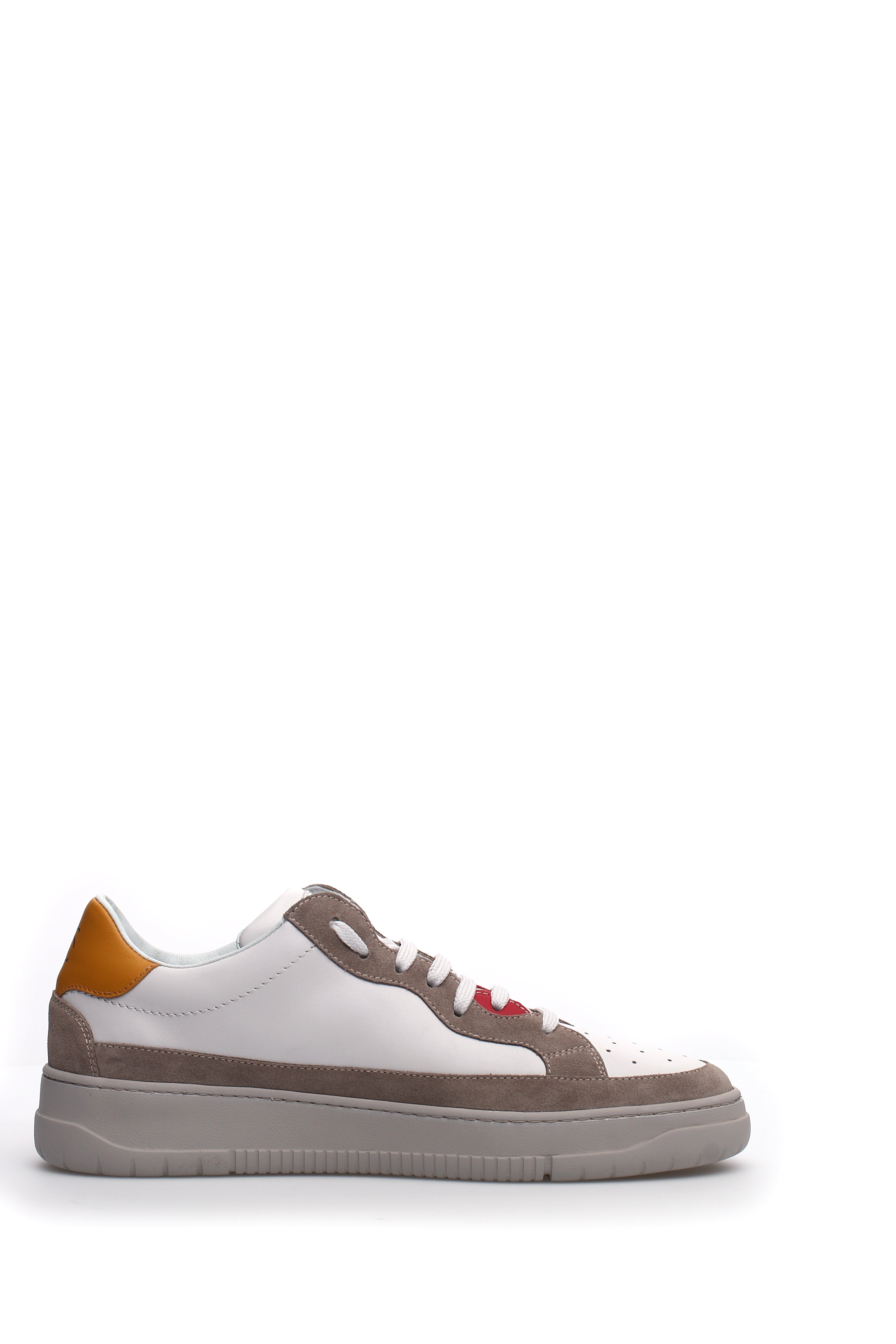 Laced Low-Top Shoes With Taupe Suede Overlays And Mustard Accents