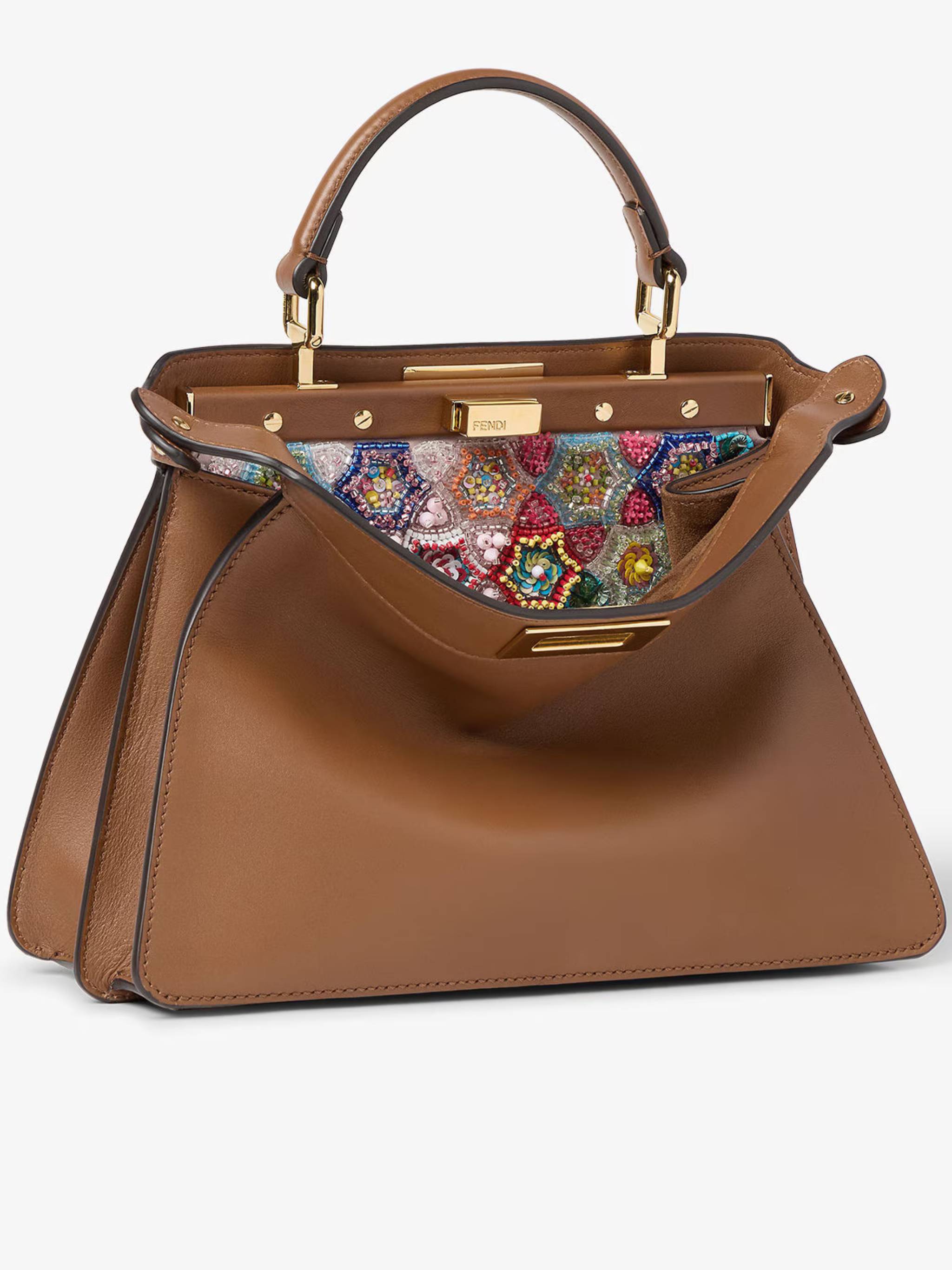 Structured Calf Leather Handbag with Beaded Flap and Gold-tone Hardware