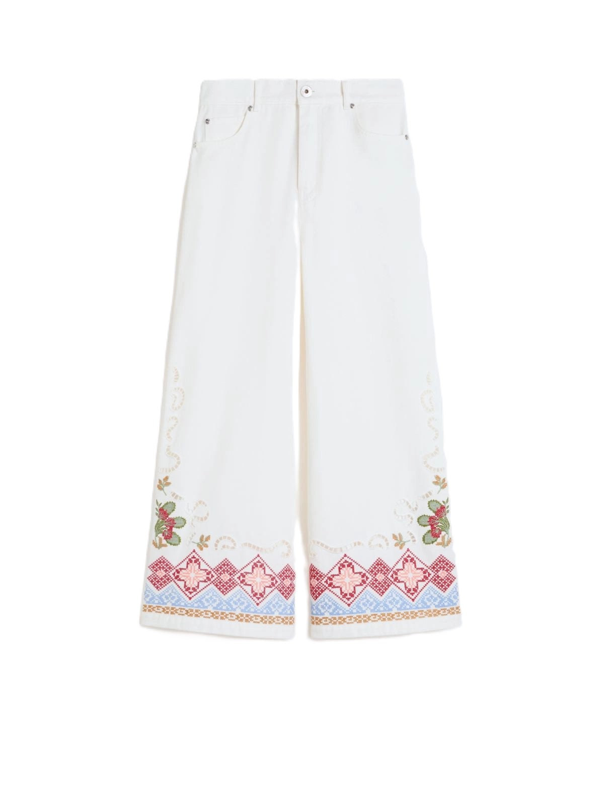 Wide-Leg Pants with Intricate Embroidery and Classic Design