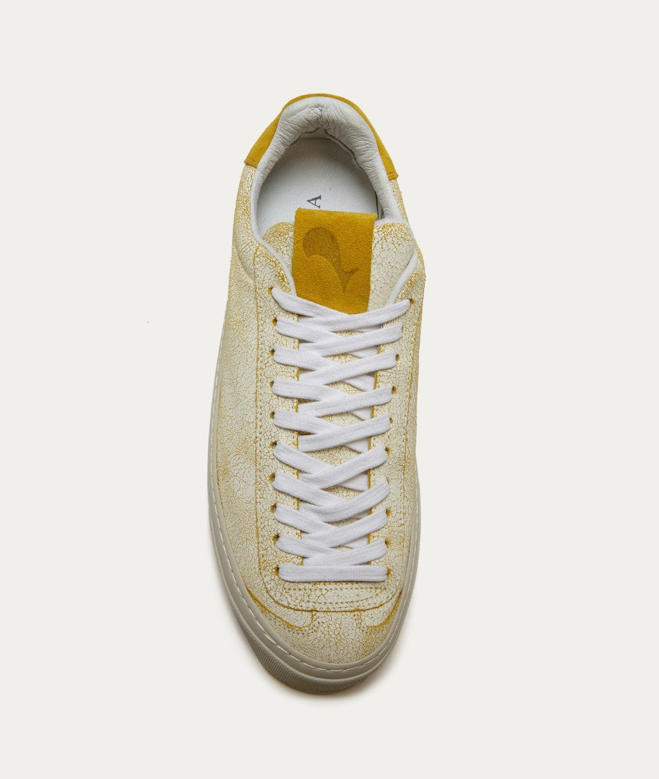 Textured Craquel Leather Sneakers With Yellow Accents