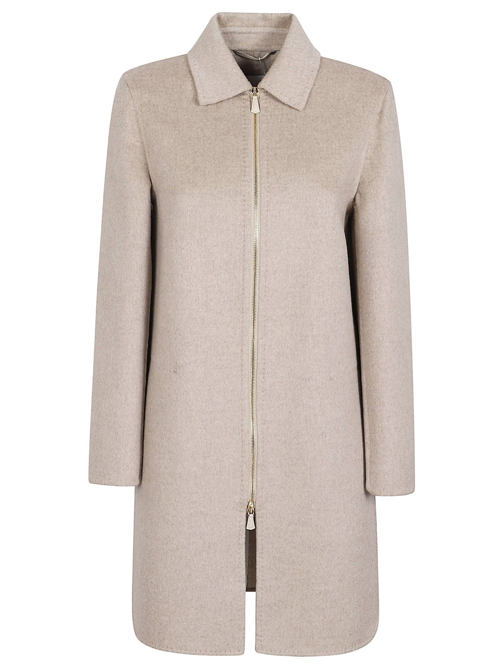 Straight Silhouette Cashmere Coat with Front Zipper Closure