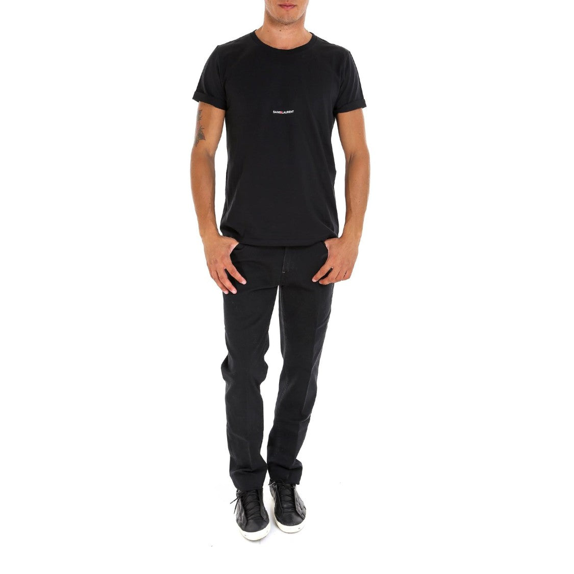 Cropped Short-Sleeved T-shirt with Centered Text Logo