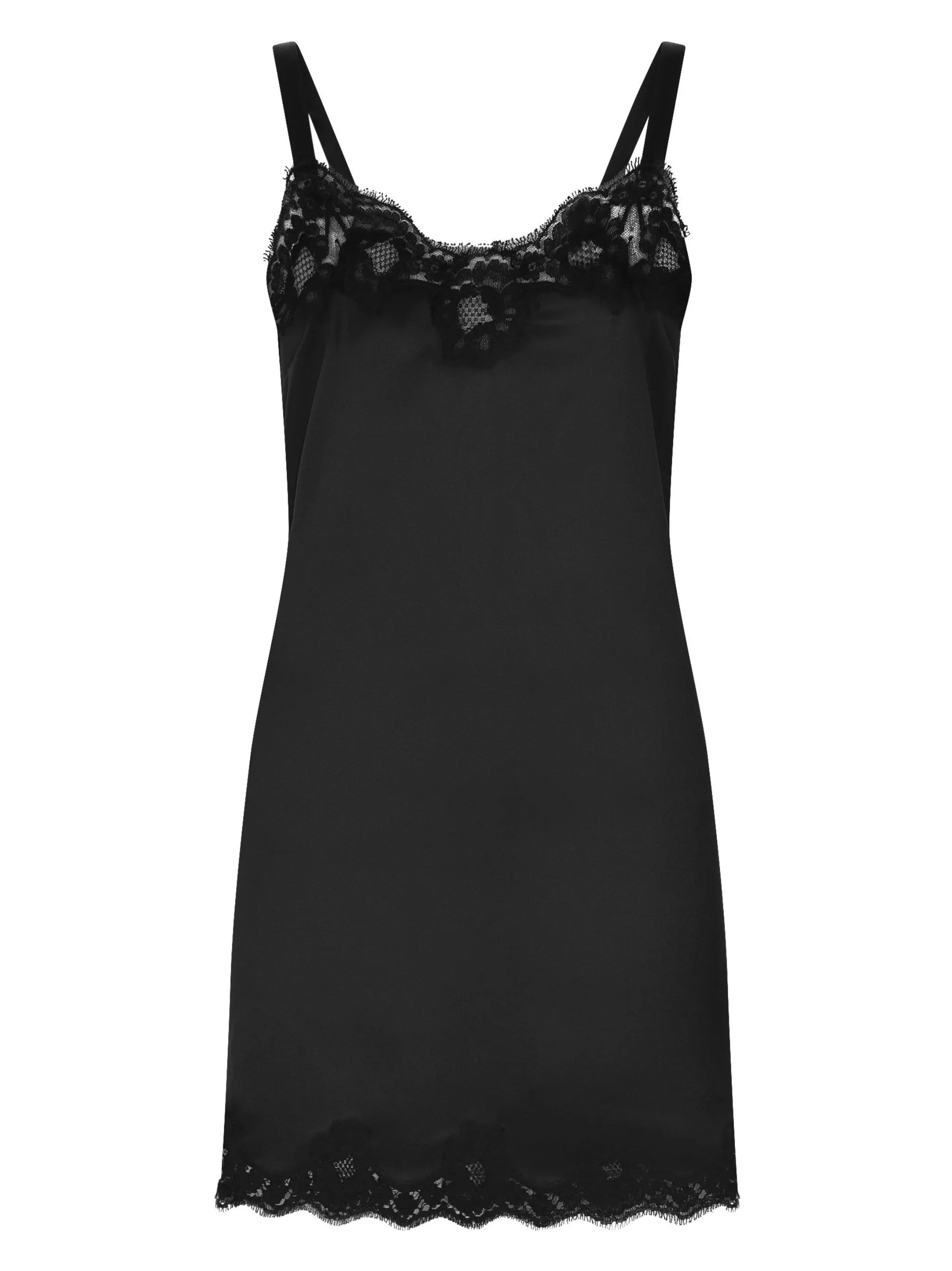 Black Silk Satin Lace Slip Dress