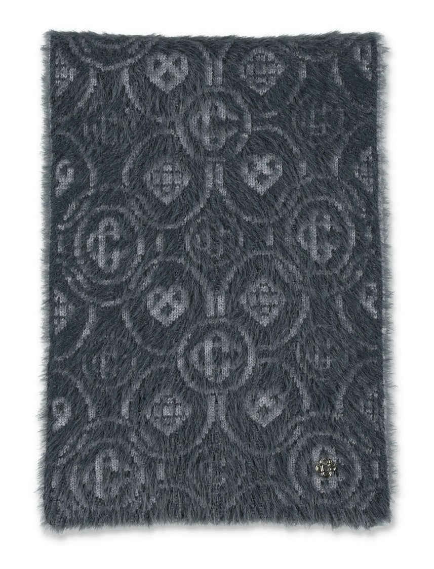 Grey Merino Wool Blend Fluffy Monogram Scarf
