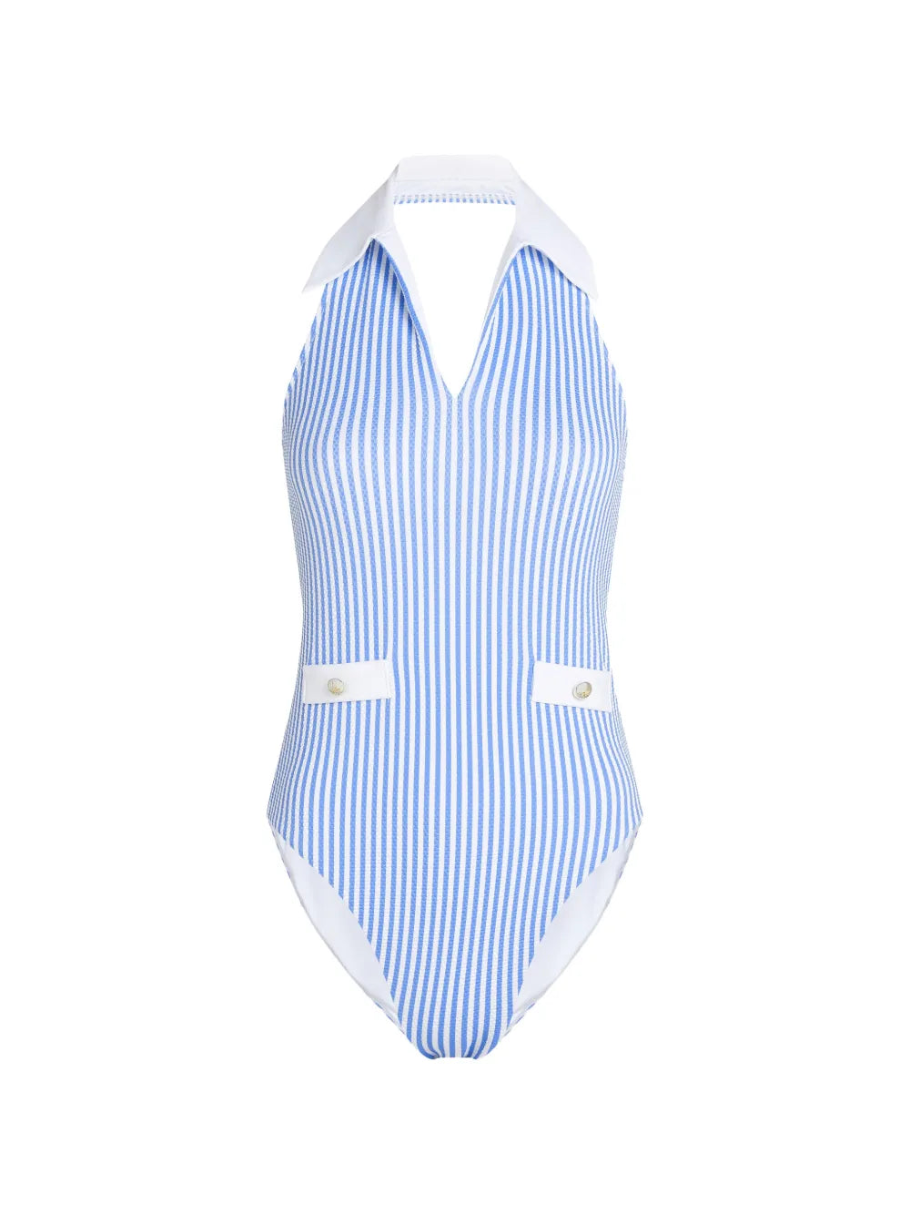 Vertical Striped One-Piece Swimsuit with Collared Detail