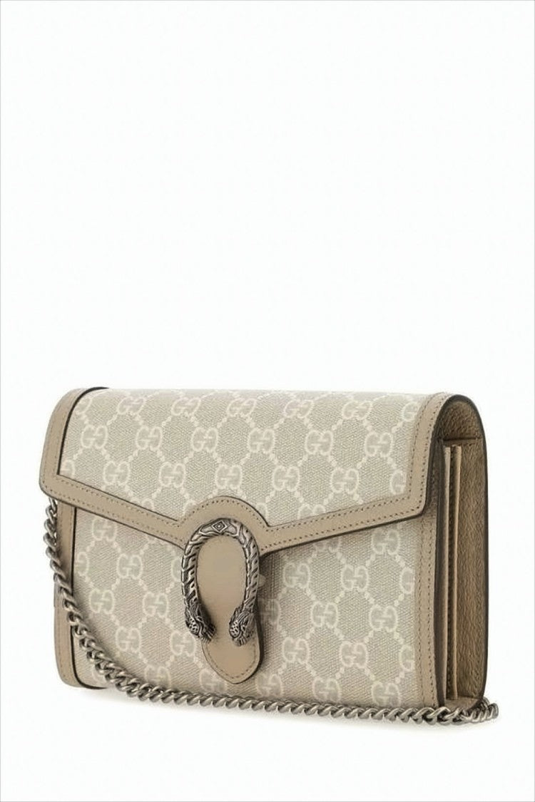 Beige Canvas Wallet with Interlocking G Pattern and Chain Strap