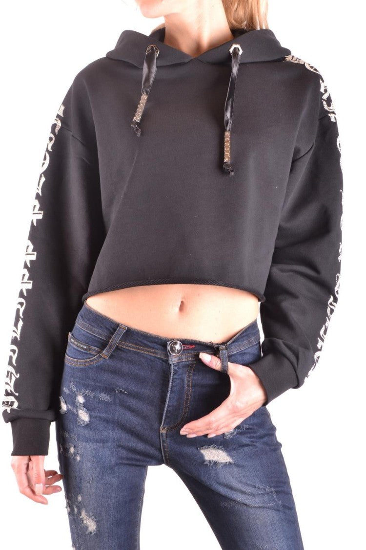 Cropped Black Hoodie With Gothic Text