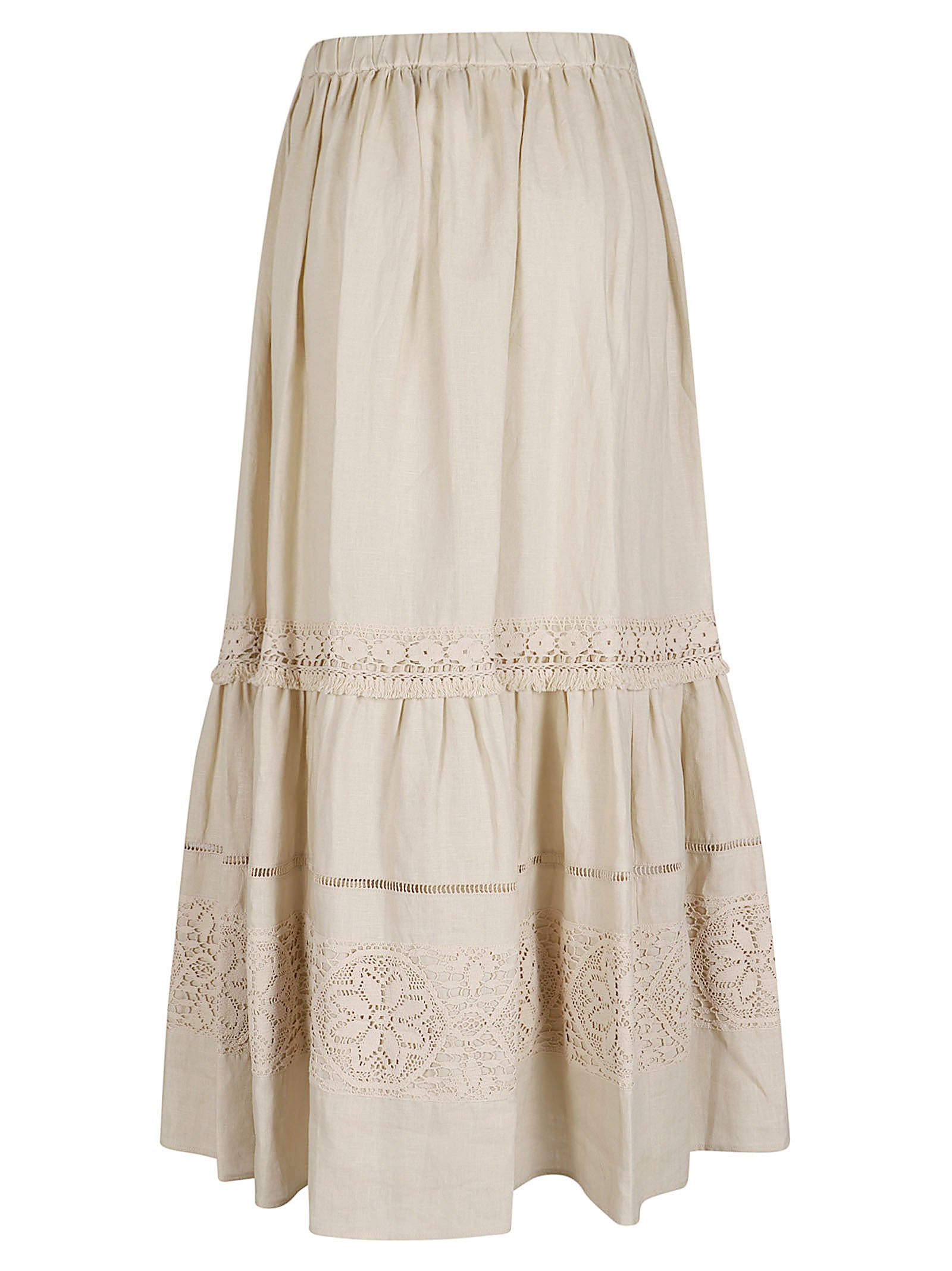 Gathered Linen Skirt with Lace Detailing and Cut-Out Patterns