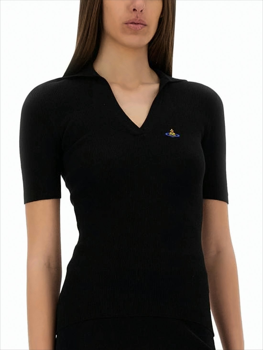 Fitted Short-Sleeve Polo Shirt with V-Neckline
