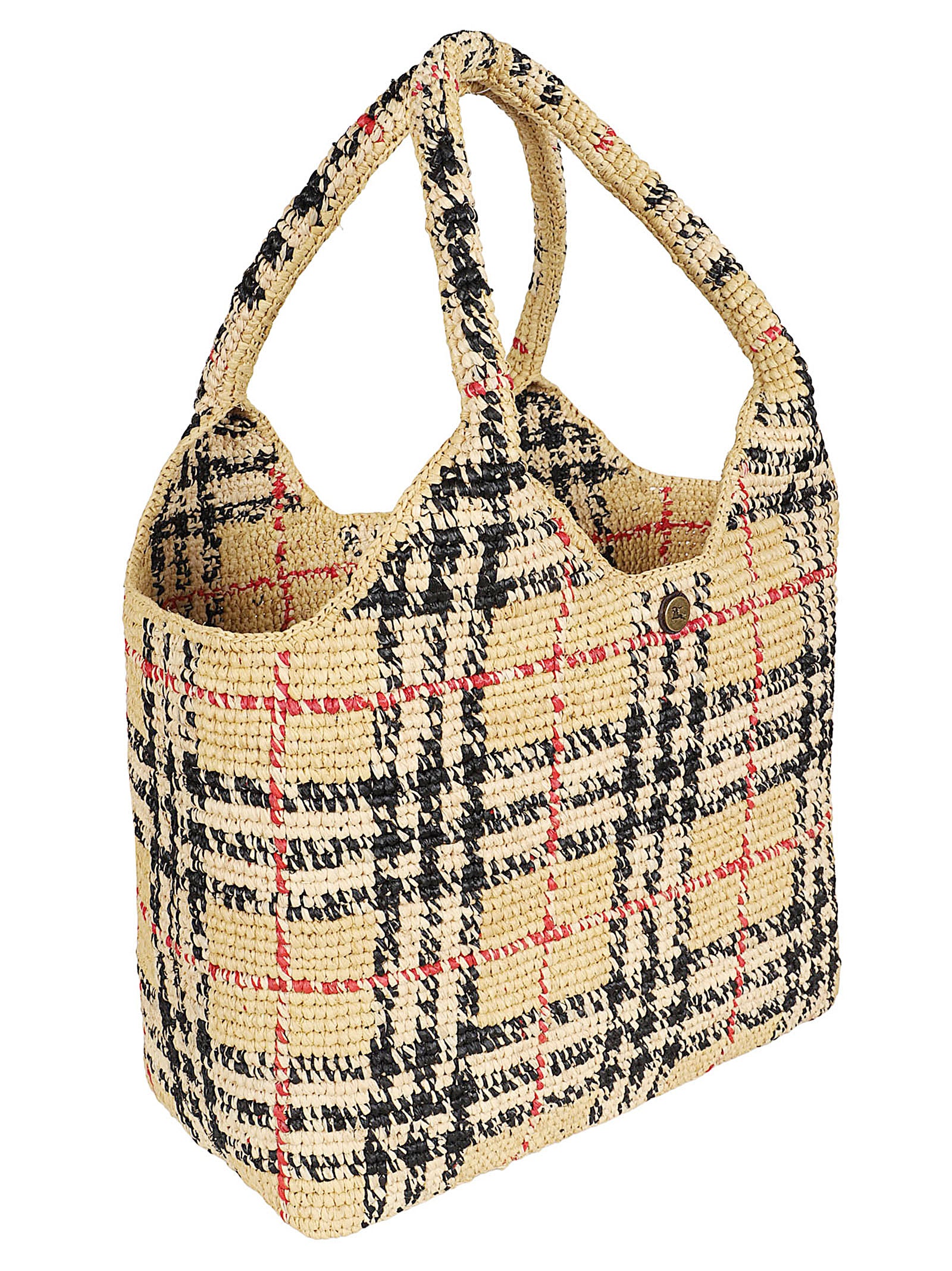 Woven Raffia Tote Bag with Check Pattern and Structured Design