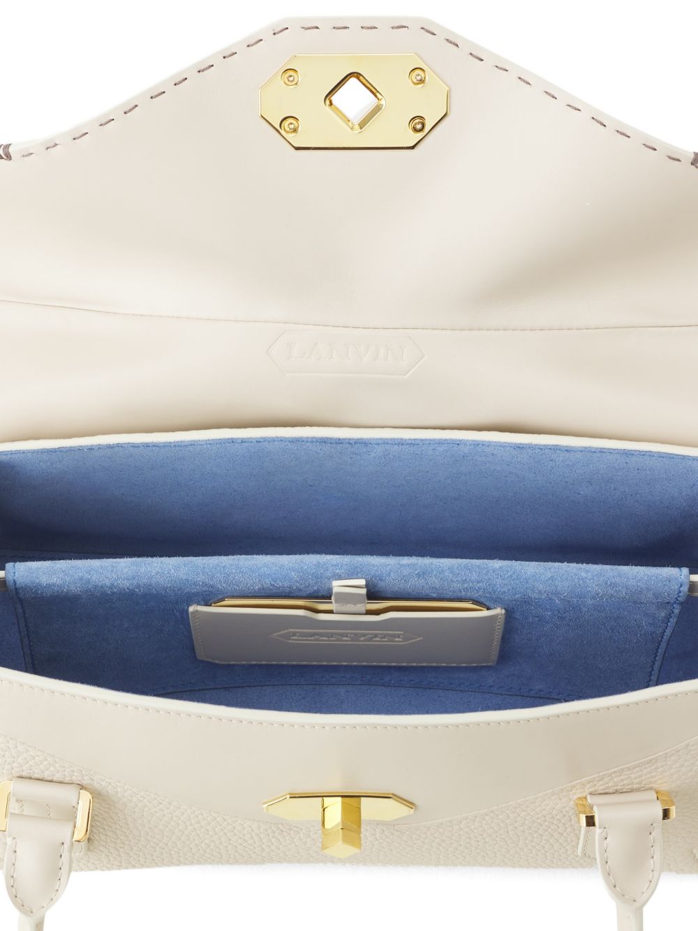 Beige Topstitched Geometric Clasp Top Bag