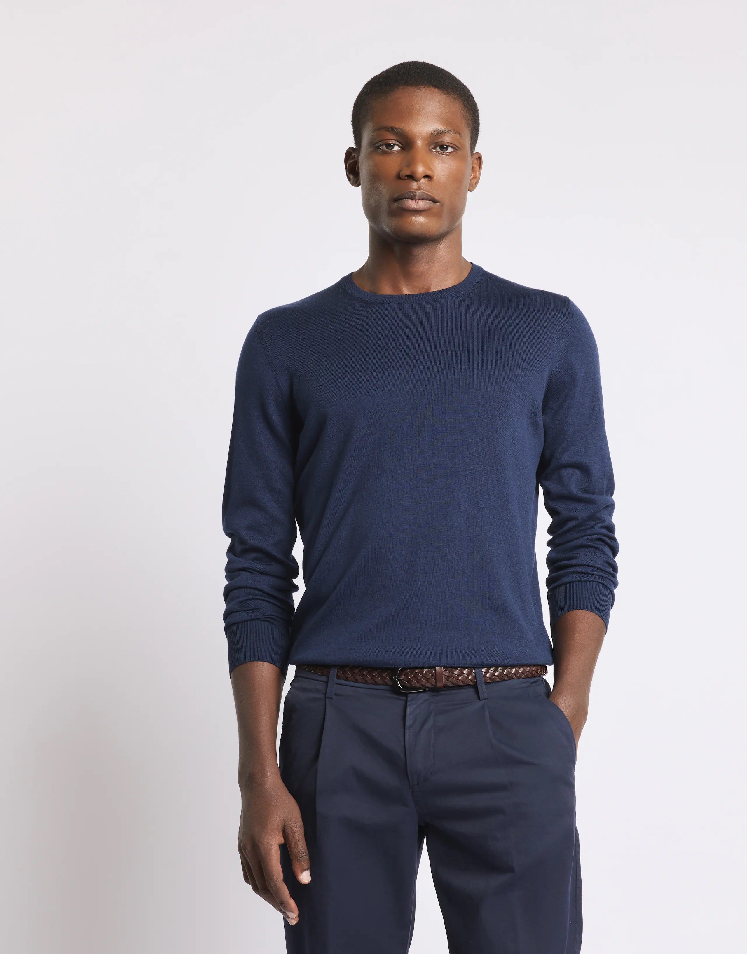 Crew Neck Knit Sweater with Ribbed Cuffs