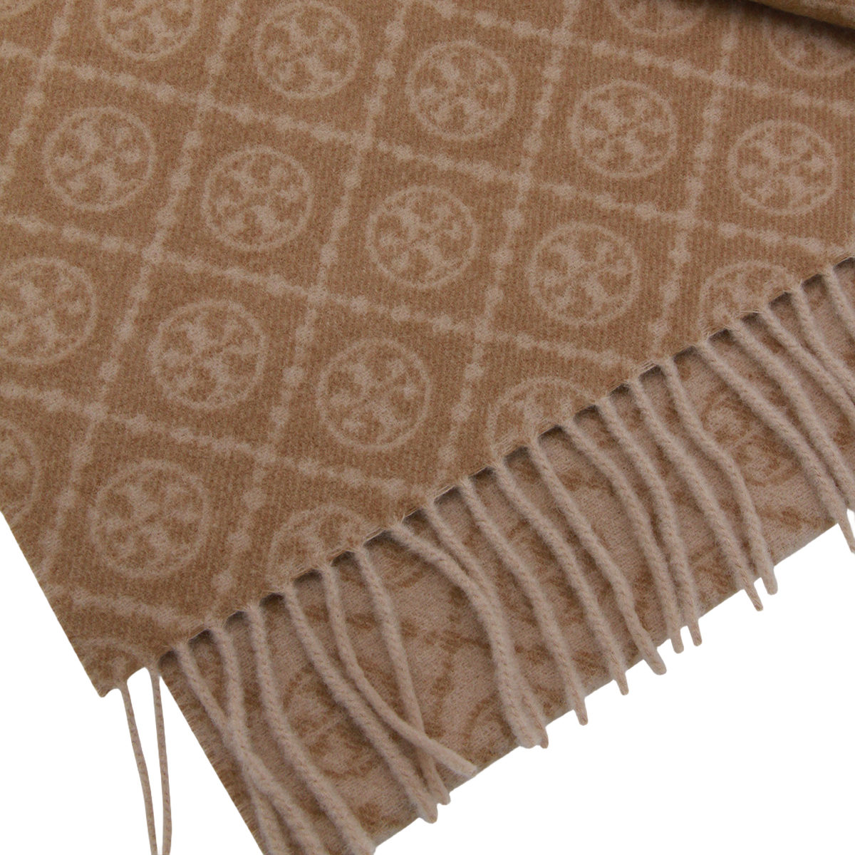 Beige Scarf With Geometric Motifs And Fringed Edges