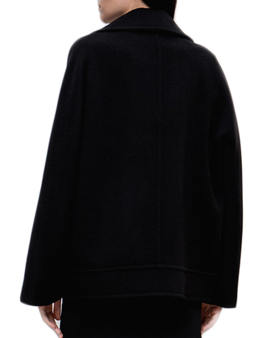 Asymmetrical Zip Black Wool Coat With Wide Lapels And Side Pockets