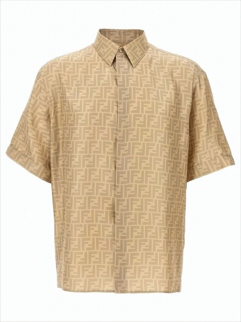 Short-Sleeve Silk Shirt With Tonal Monogram Pattern