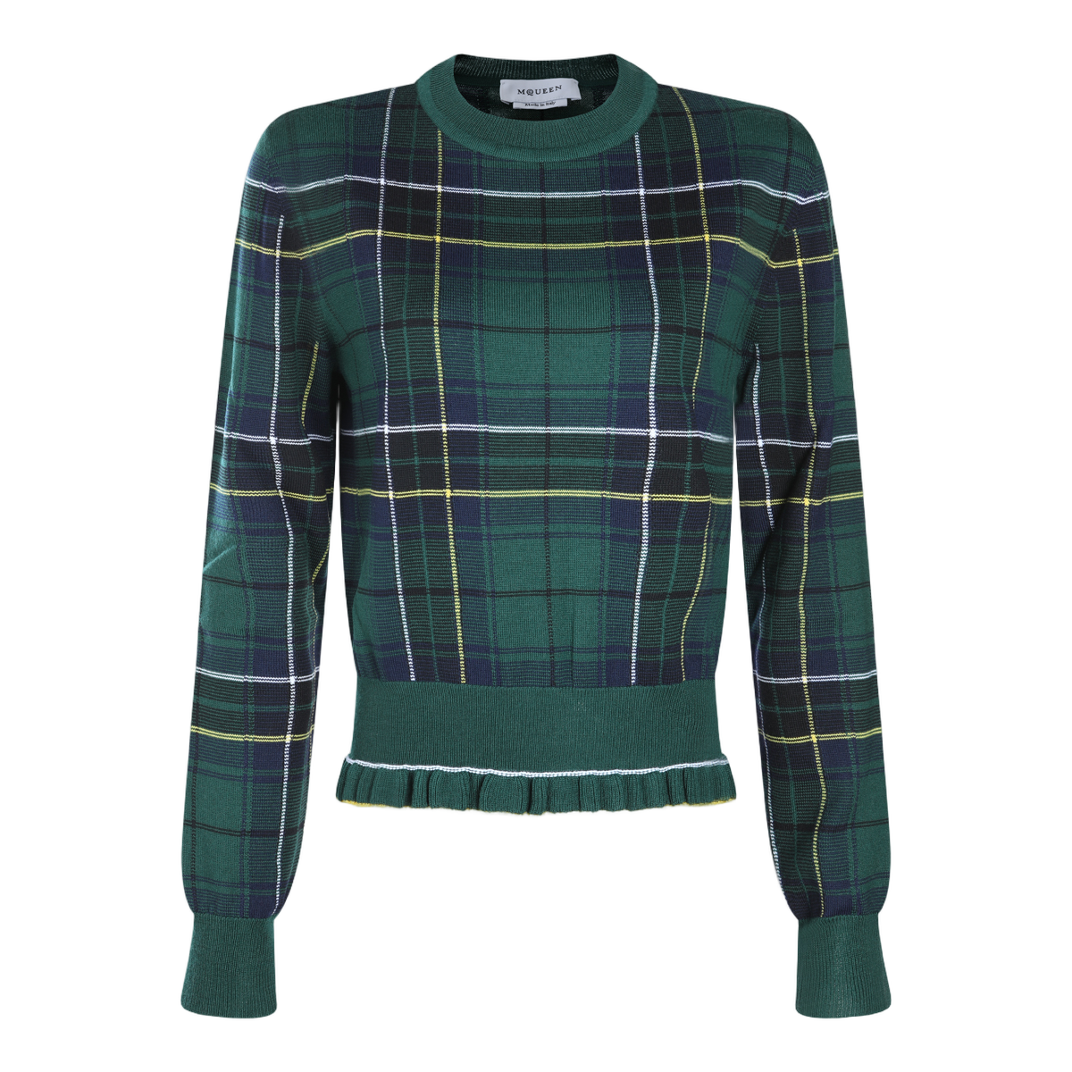 Plaid Knit Sweater with Ruffled Hem