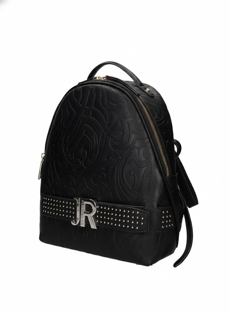 Embossed Black Backpack with Metallic Accents
