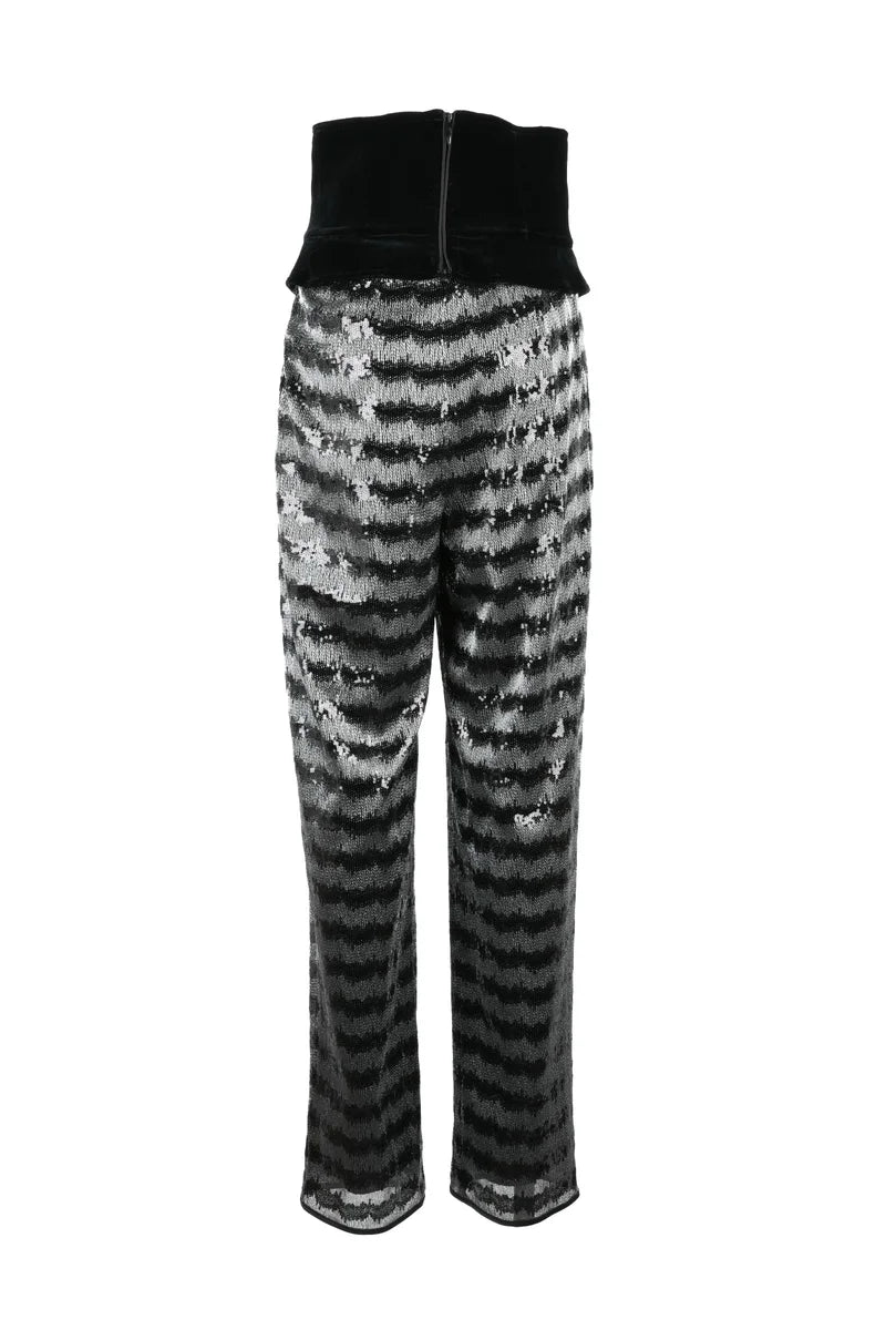 High-Waisted Sequin Trousers - Silver/Black
