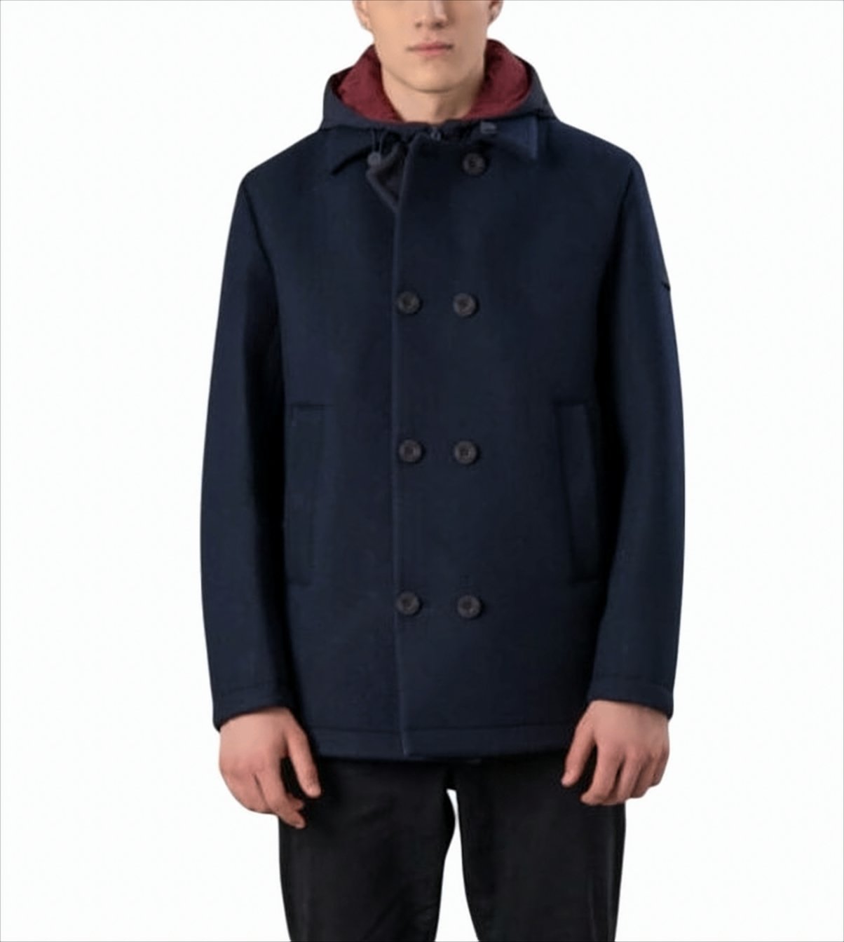 Double-Breasted Blue Coat With Detachable Hood