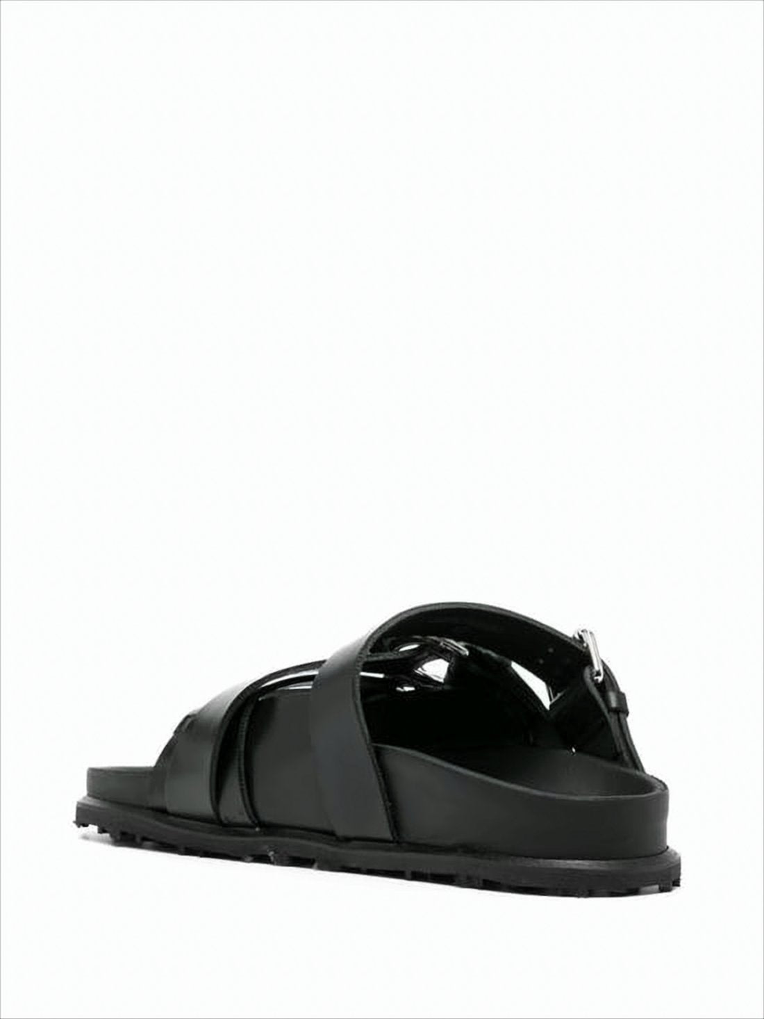 Black Leather Mule Sandal with Metallic Accents
