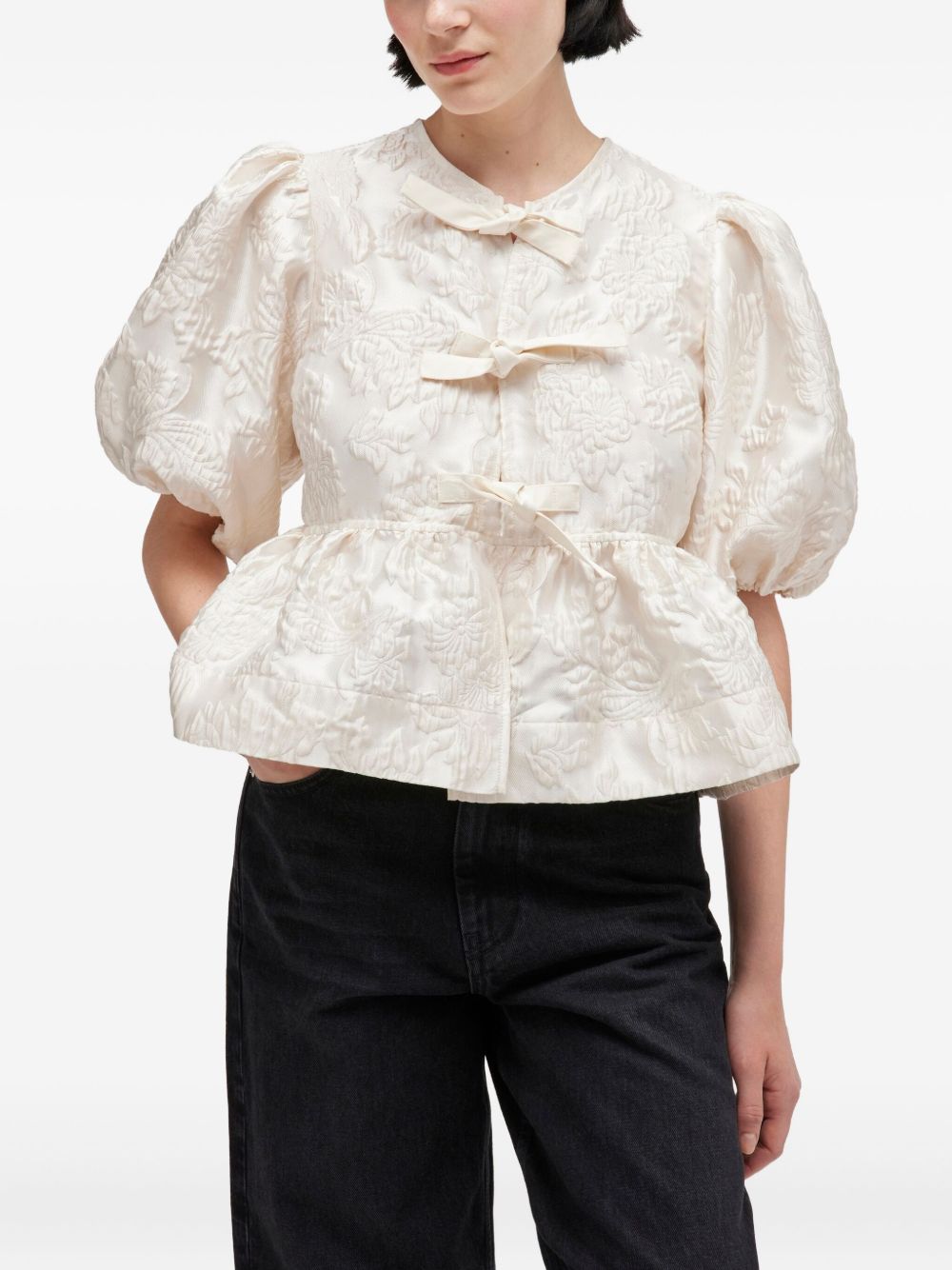 Textured Jacquard Blouse With Puff Sleeves