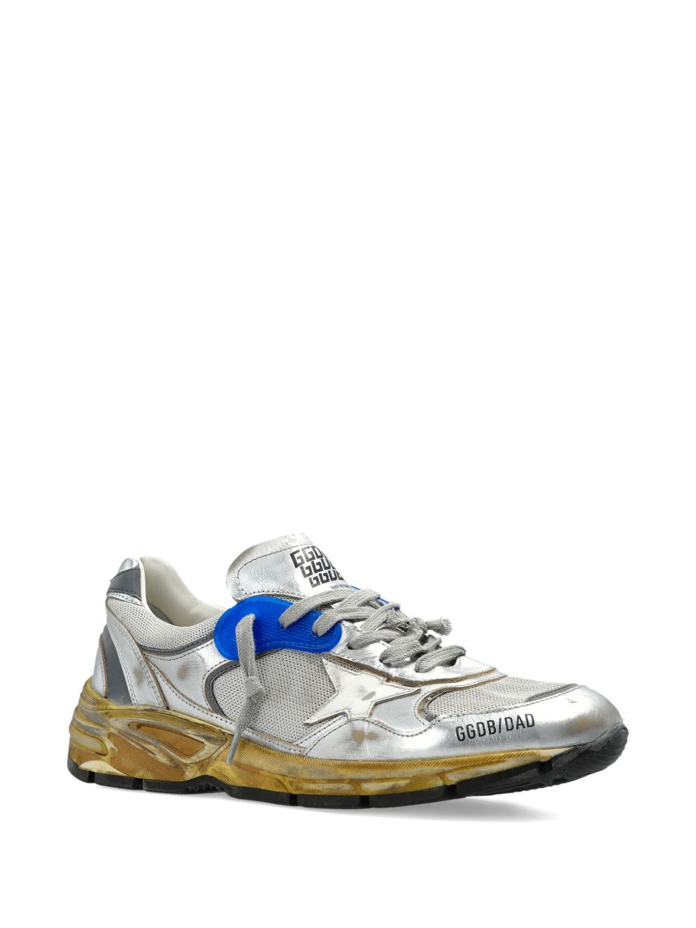 Metallic Silver Sneakers With Bold Blue Detail And Vintage Accents