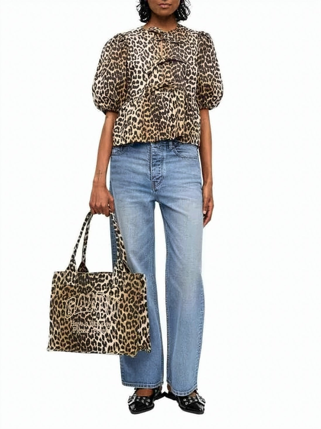 Leopard Print Organic Cotton Blouse with Puffed Sleeves
