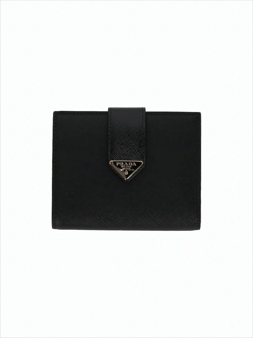 Compact Black Calf Leather Wallet With Triangular Logo