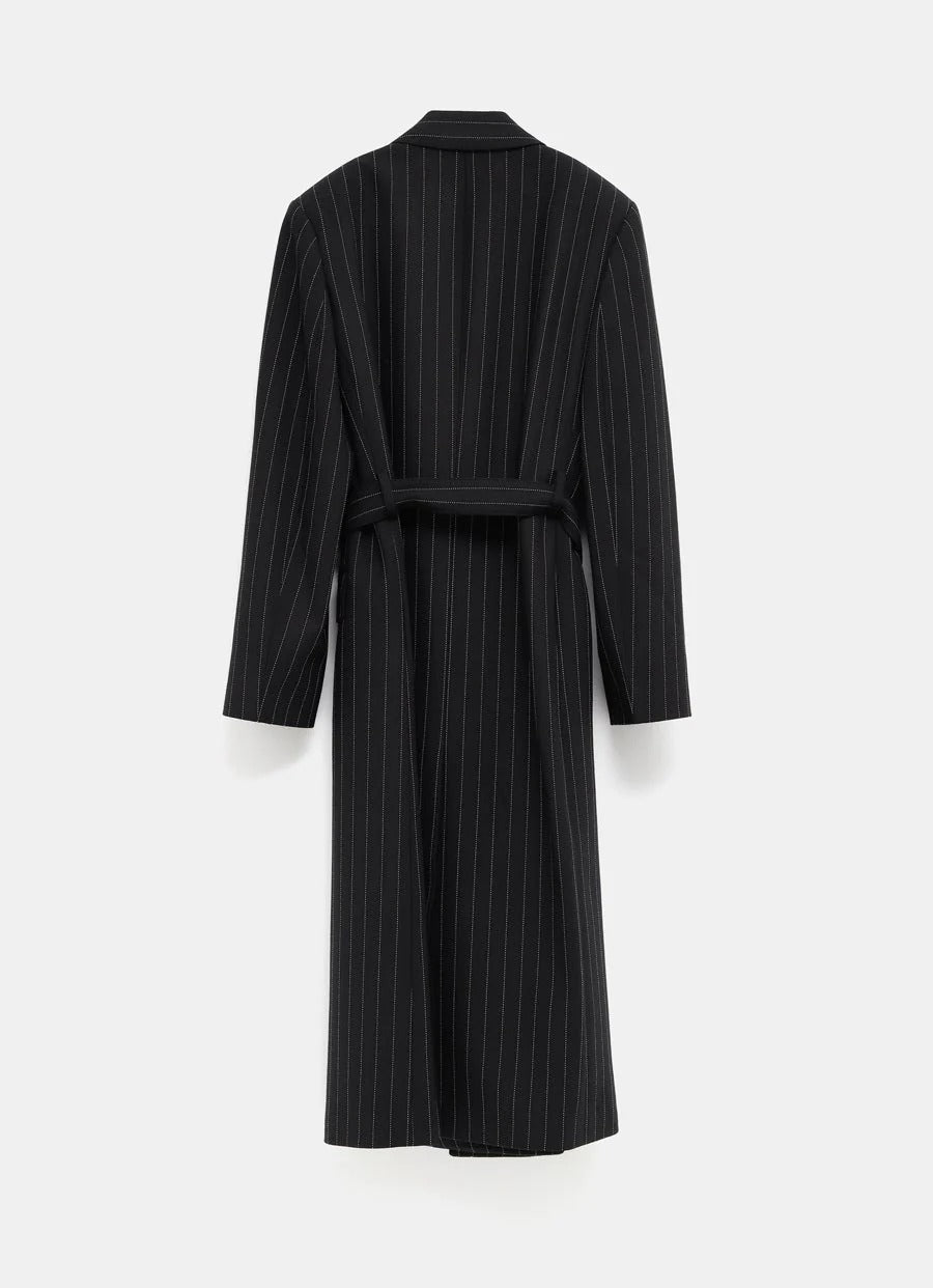 Tailored Long Pinstripe Jacket with Wrap Design
