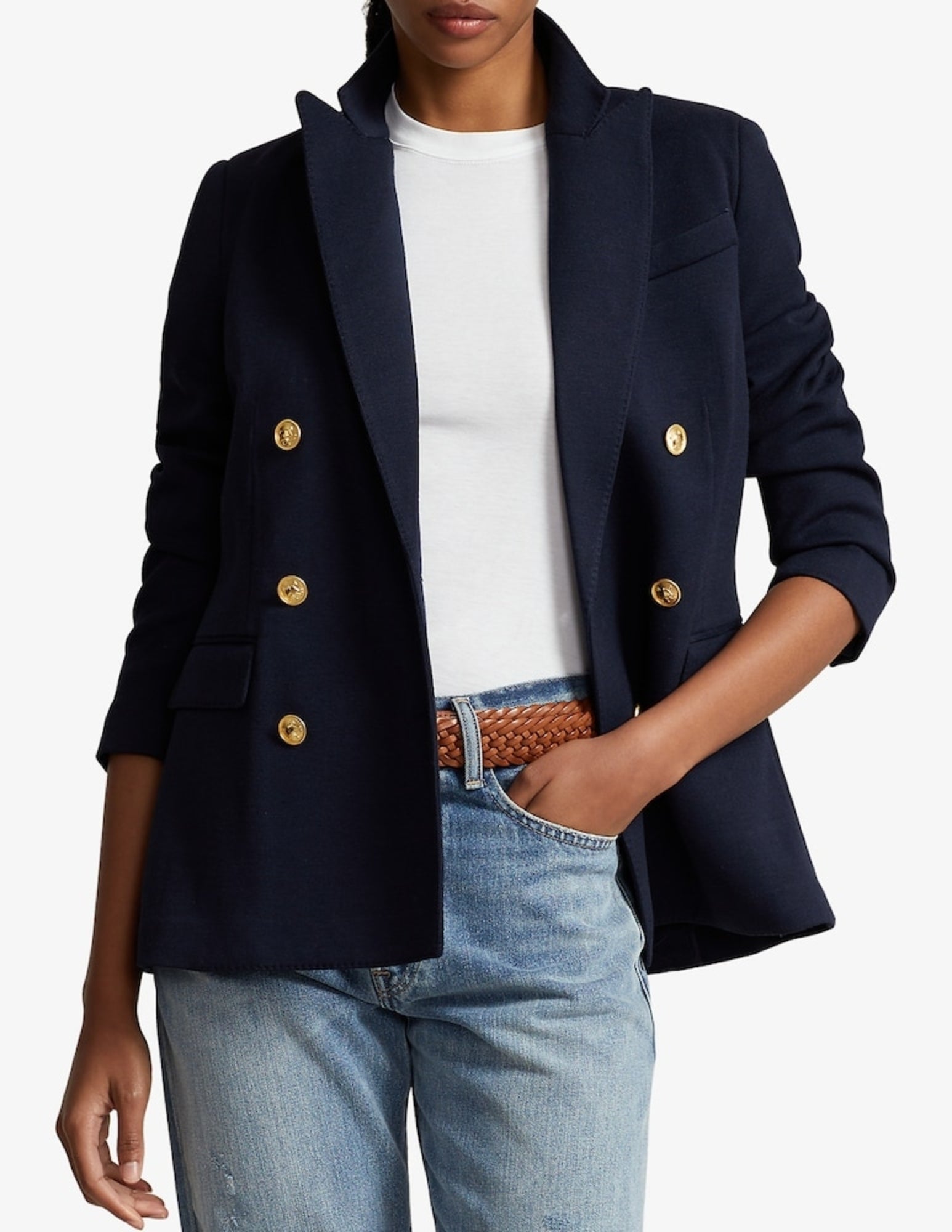 Structured Double-Breasted Blazer with Equestrian Details