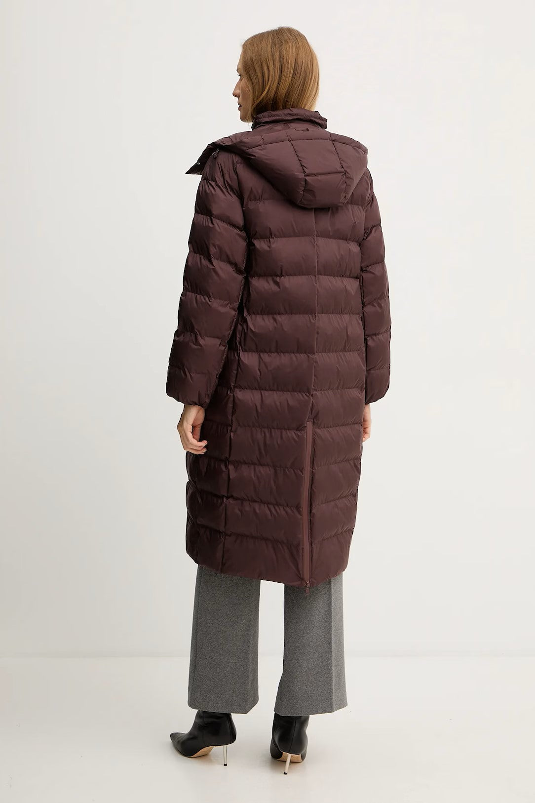 Burgundy Quilted Long Coat With Adjustable Hood