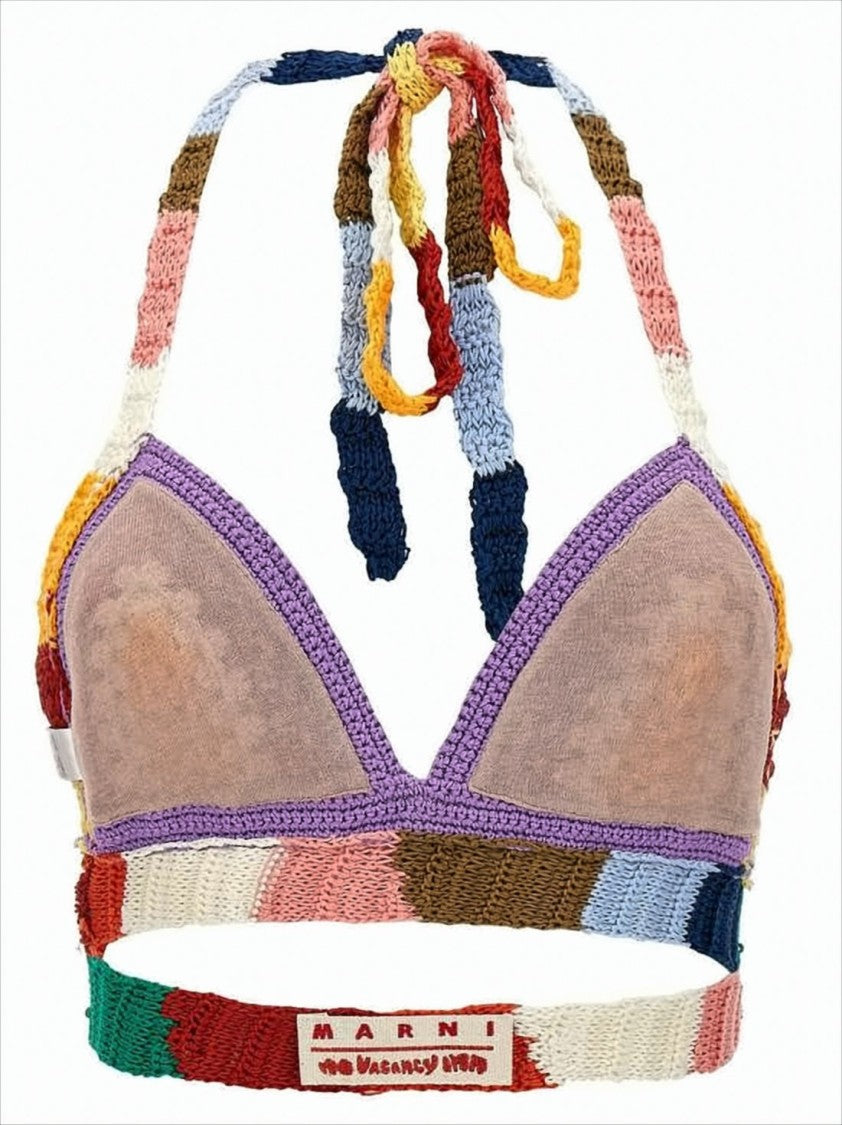 Colorful Crochet Bralette with Halter Neck Tie and Striped Underbust Band