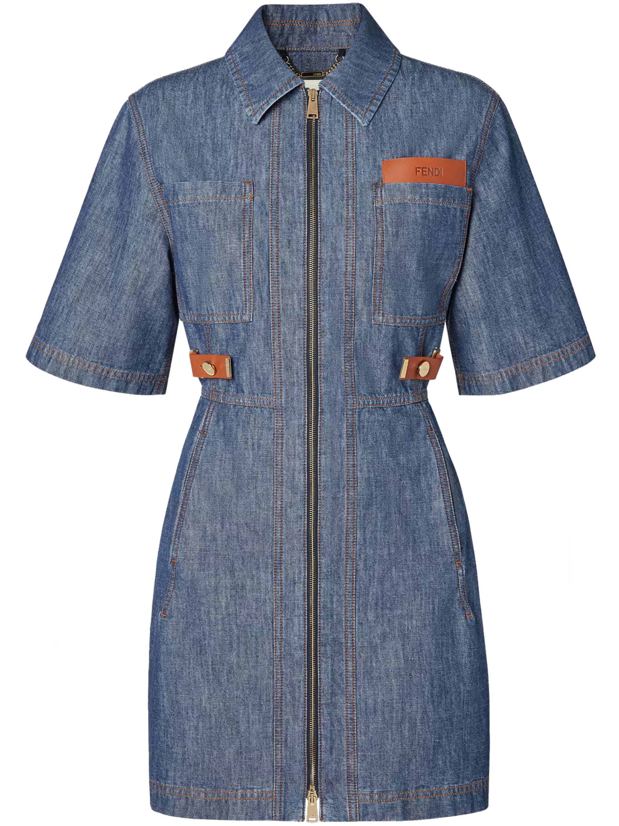 Short-Sleeved Denim Dress with Structured Collar and Utility Pockets