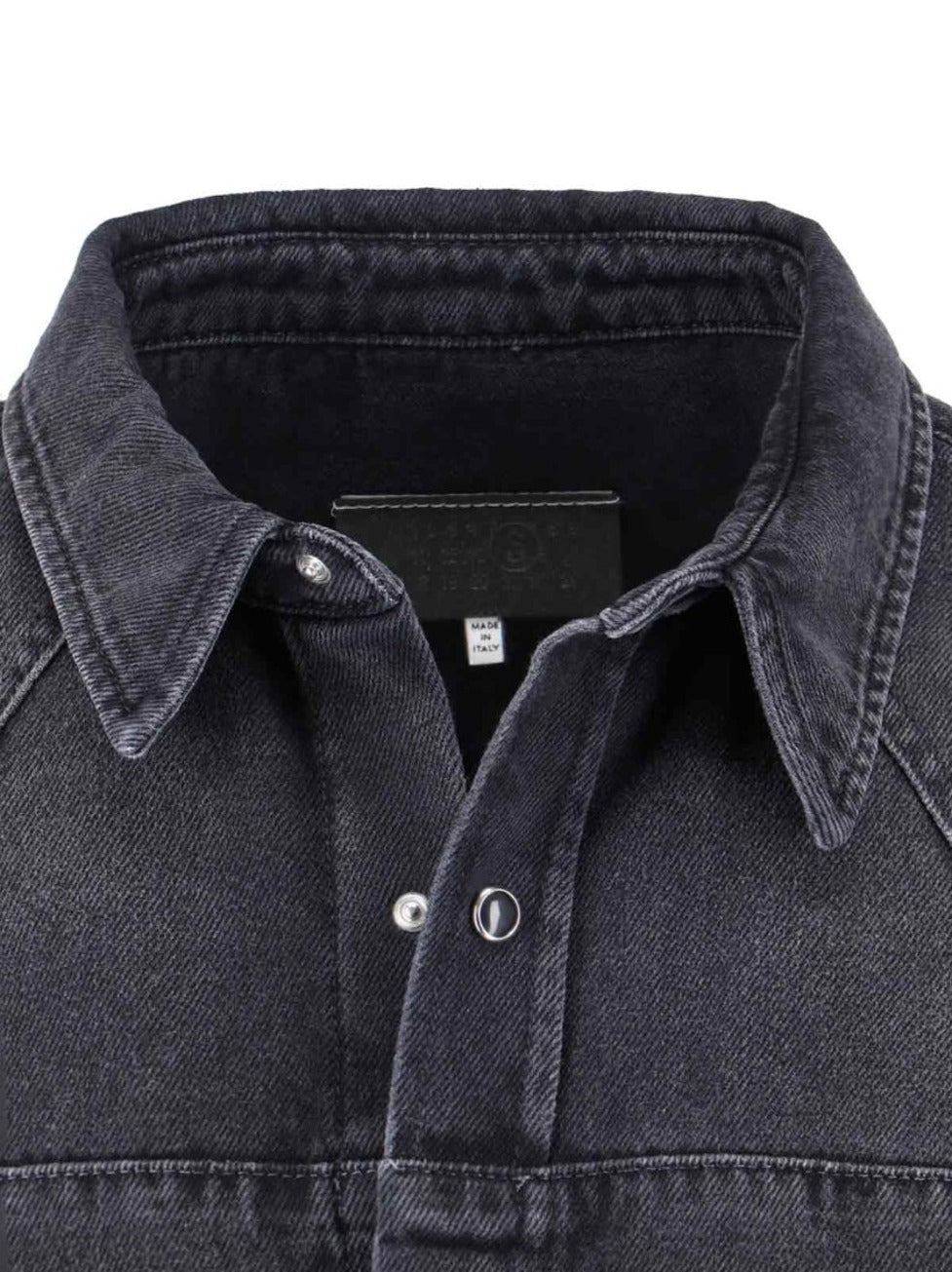 Black Denim Shirt With Visible Stitching And Curved Hem