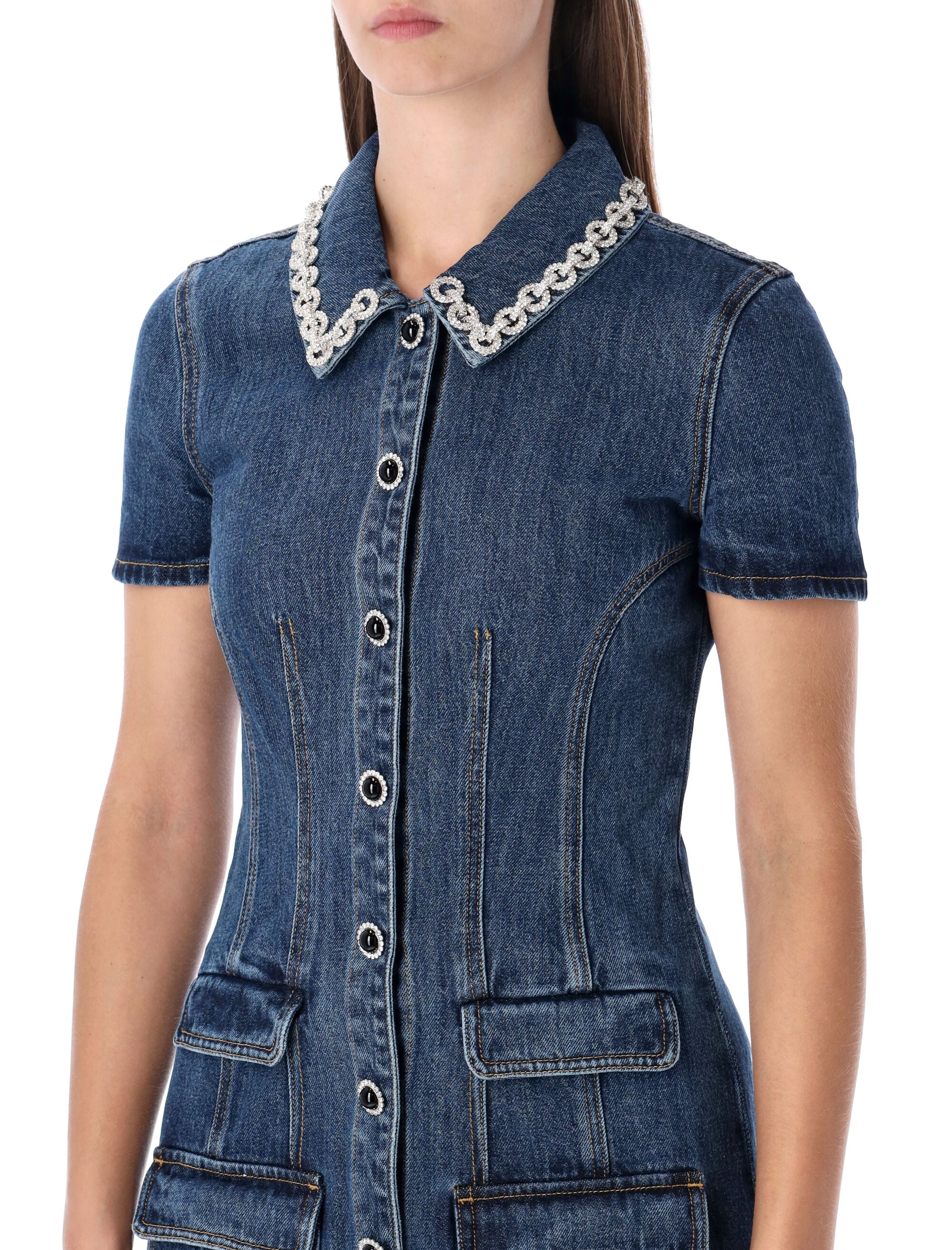 Denim Mini Dress With Crystal-Embellished Collar