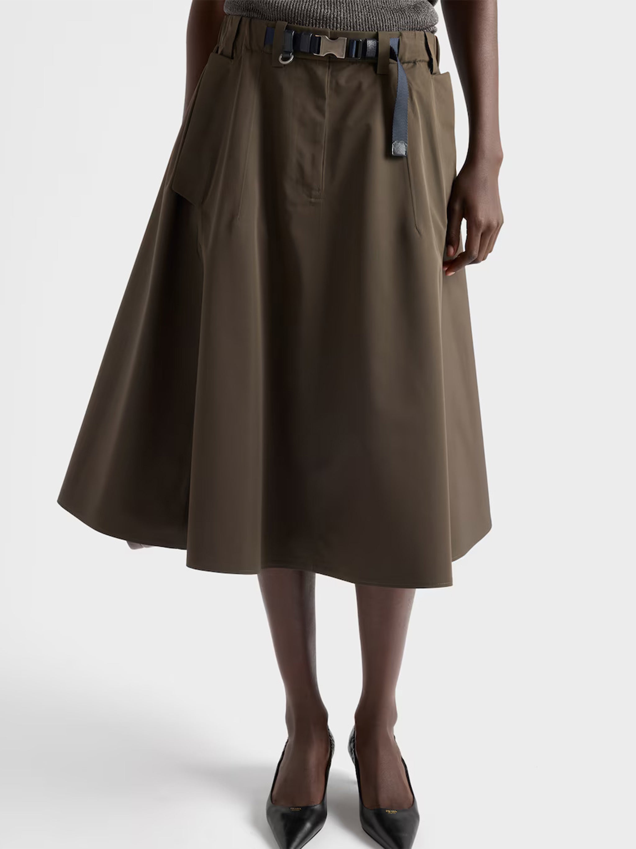 Muted Olive Flared Midi Skirt