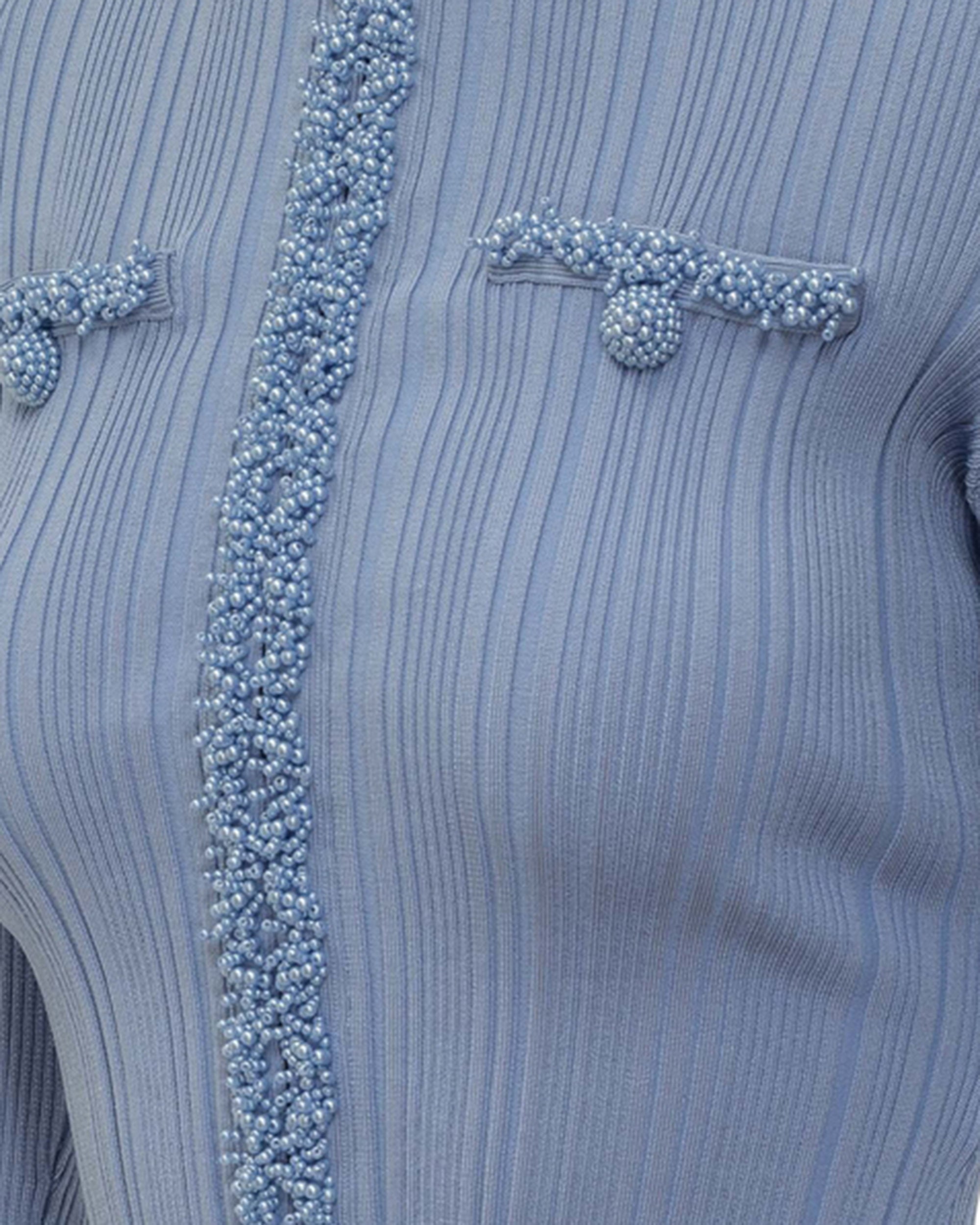 Fitted Ribbed Knit Cardigan with Pearl Embellishments