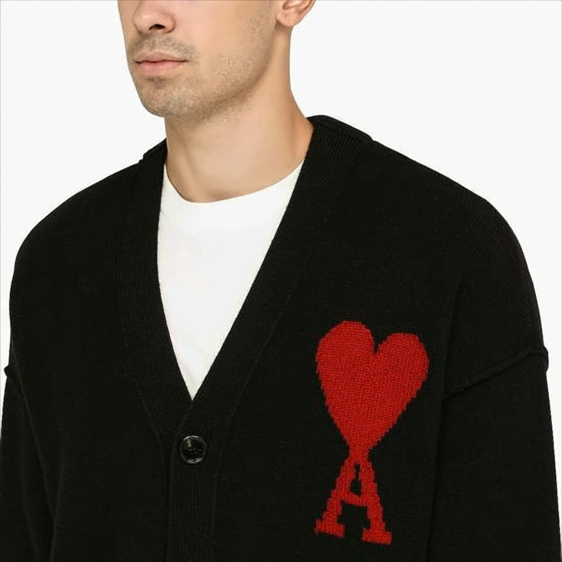 Wool Cardigan with Deep V-Neckline and Heart Motif