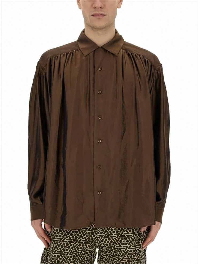 Long-Sleeve Brown Shirt with Gathered Shoulder Details