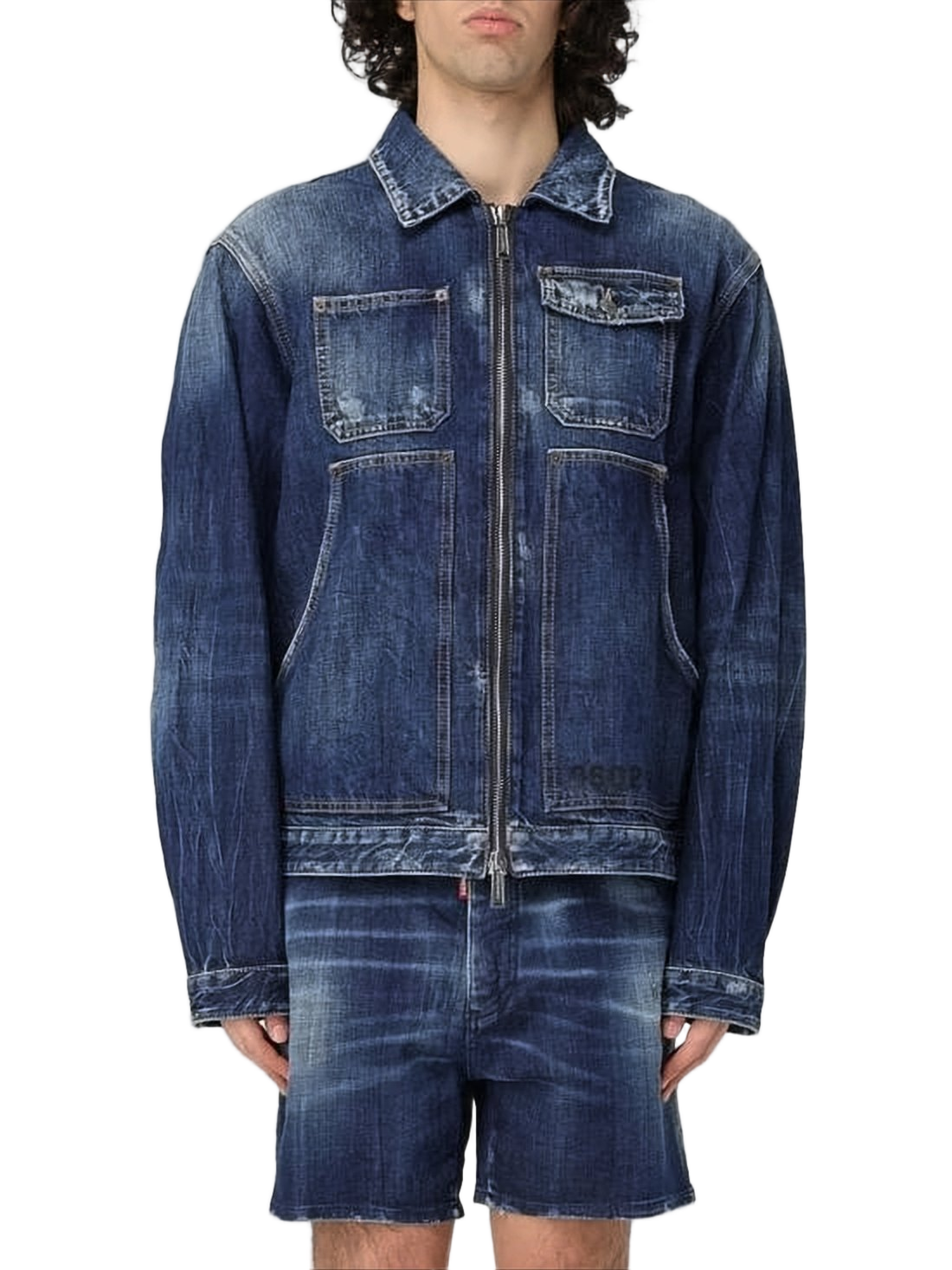 Distressed Denim Jacket with Classic Collar