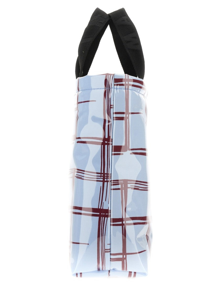 Glossy Coated Canvas Tote Bag With Double Handles And Plaid Pattern