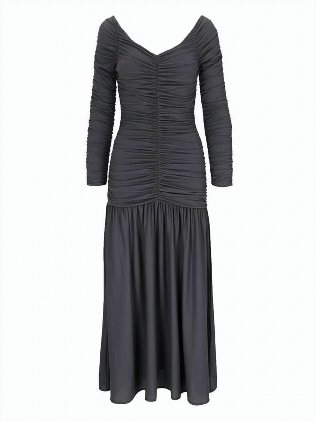 Ruched Midi Dress with Gathered Skirt