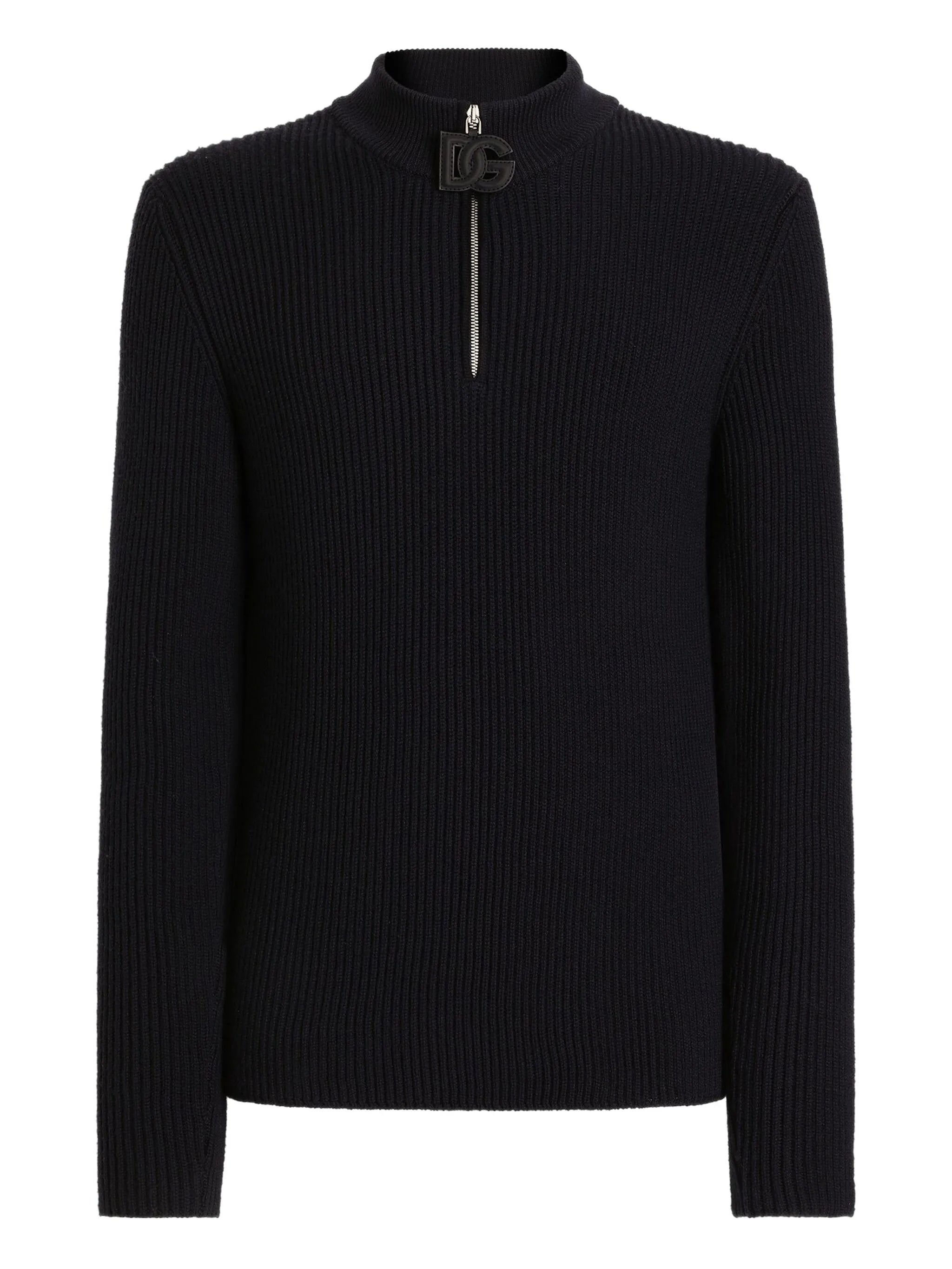 Black Ribbed Knit Half-Zip Wool Pullover