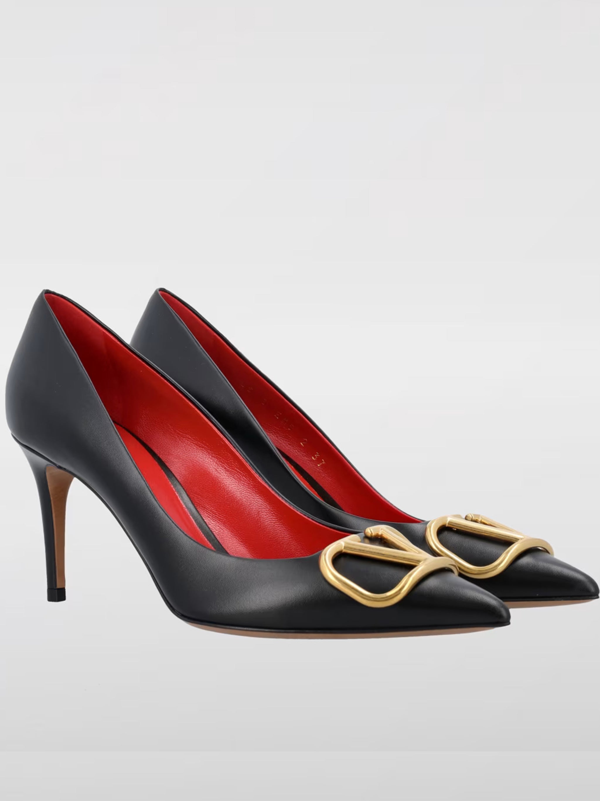Black Pointed-Toe Gold Buckle Leather Pumps