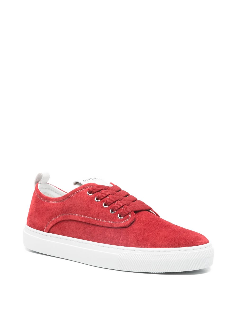 Red Suede Low-Top Sneakers With Topstitching