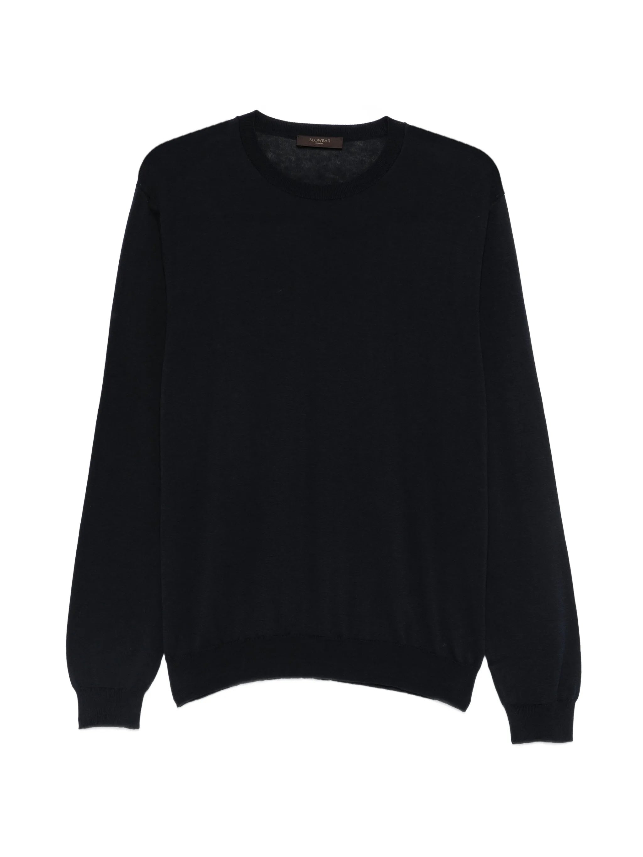 Black Fine-Knit Crew Neck Wool Pullover