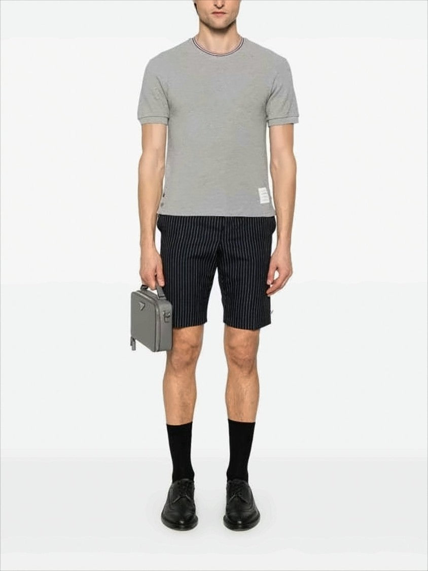 Short-Sleeve Cotton T-Shirt With Striped Neckline And Snap Hem