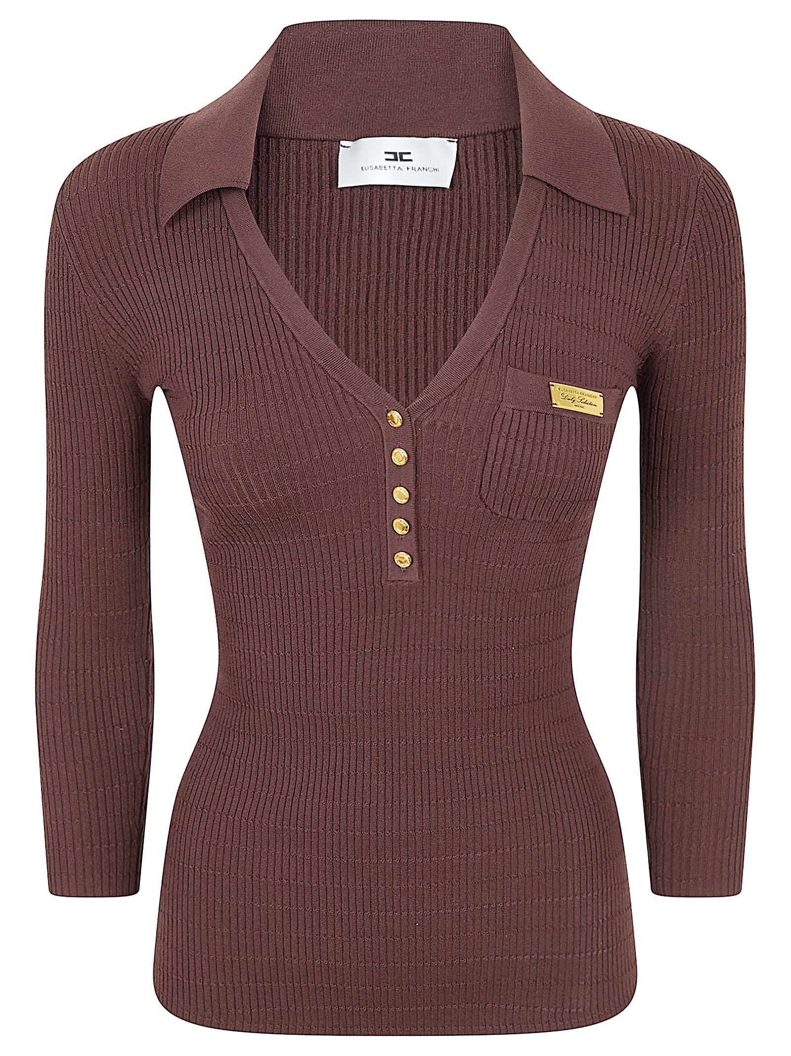 Ribbed Knit Sweater With Deep V-Neck And Gold Accents