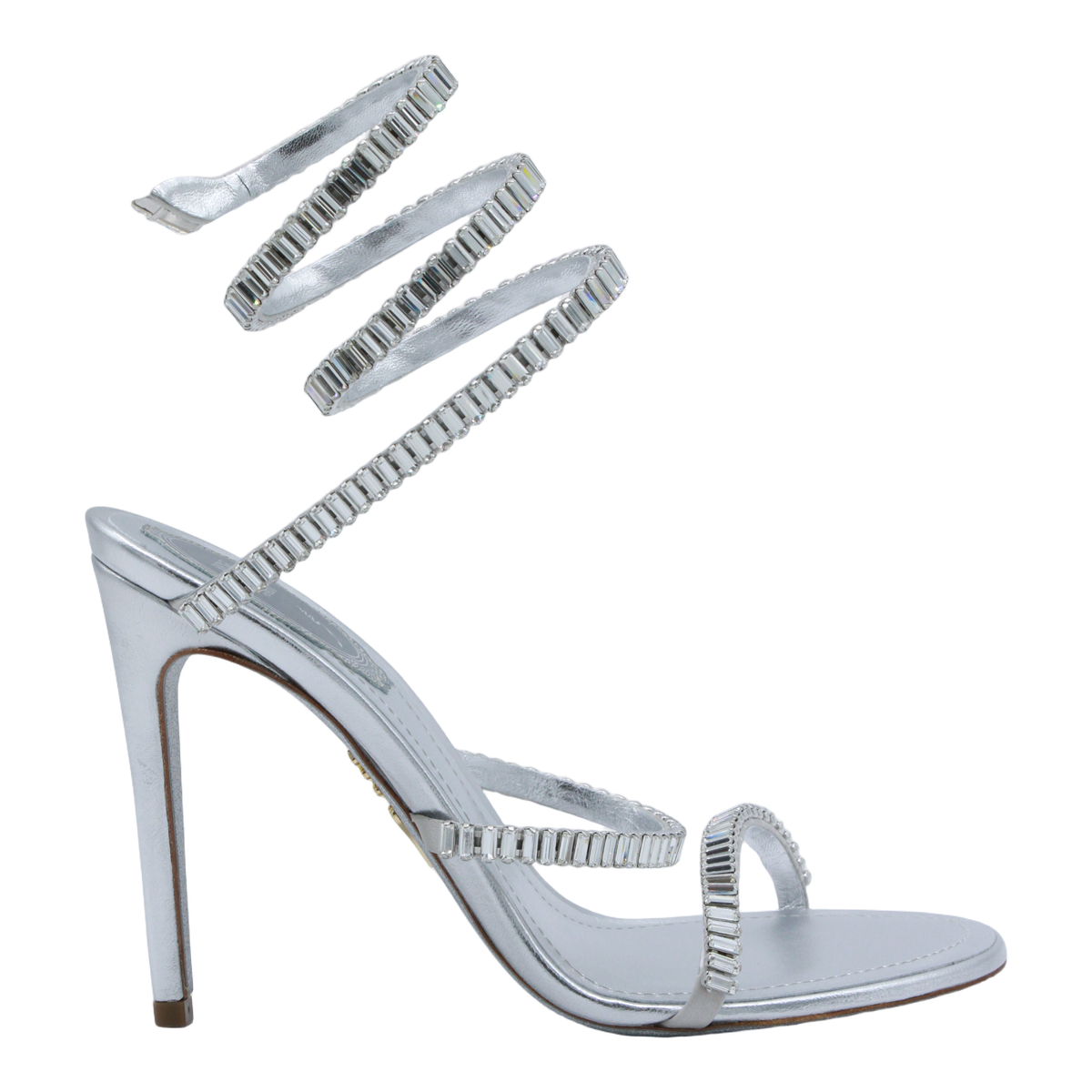 High-Heeled Silver Sandals with Crystal Embellishments